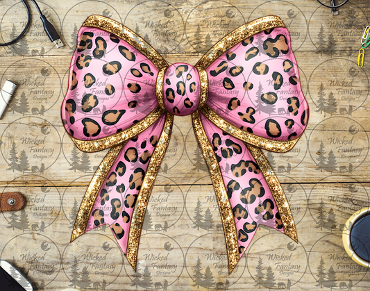 UVDTF Pink Leopard Bow with Gold Outlines