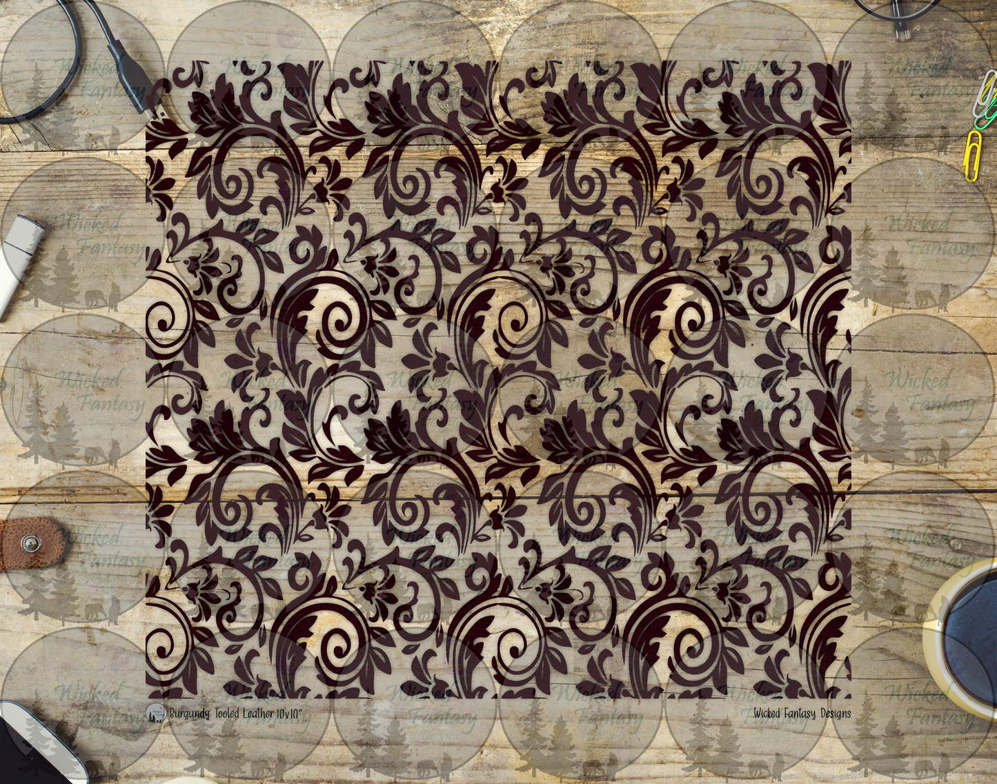 UVDTF Burgundy Textured Tooled Leather 20oz 30oz 10"x10"