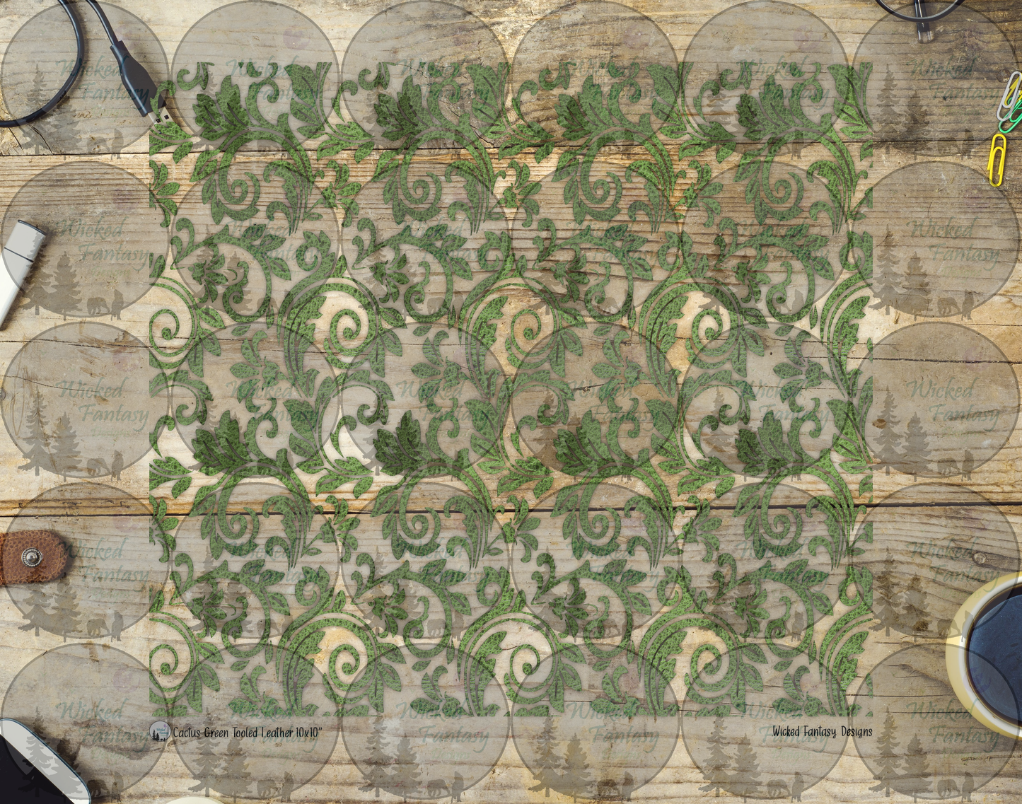 UVDTF Cactus Green Textured Tooled Leather 20oz 30oz 10"x10"