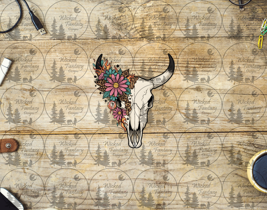 UVDTF Cow Skull and Daisies with Leopard Print and Flames