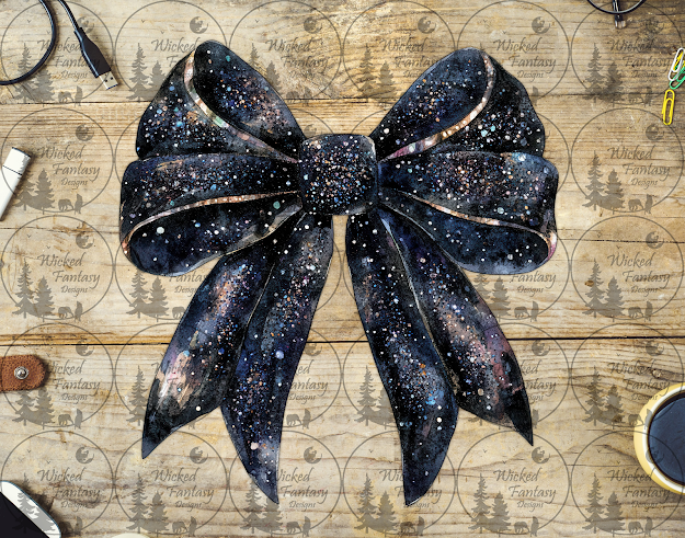 UVDTF Black Faux Glitter Bow with Gold Outlines