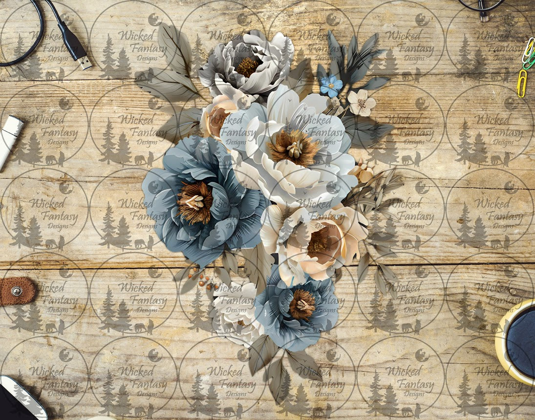 UVDTF Dusty Blue and Ivory Floral Arrangement