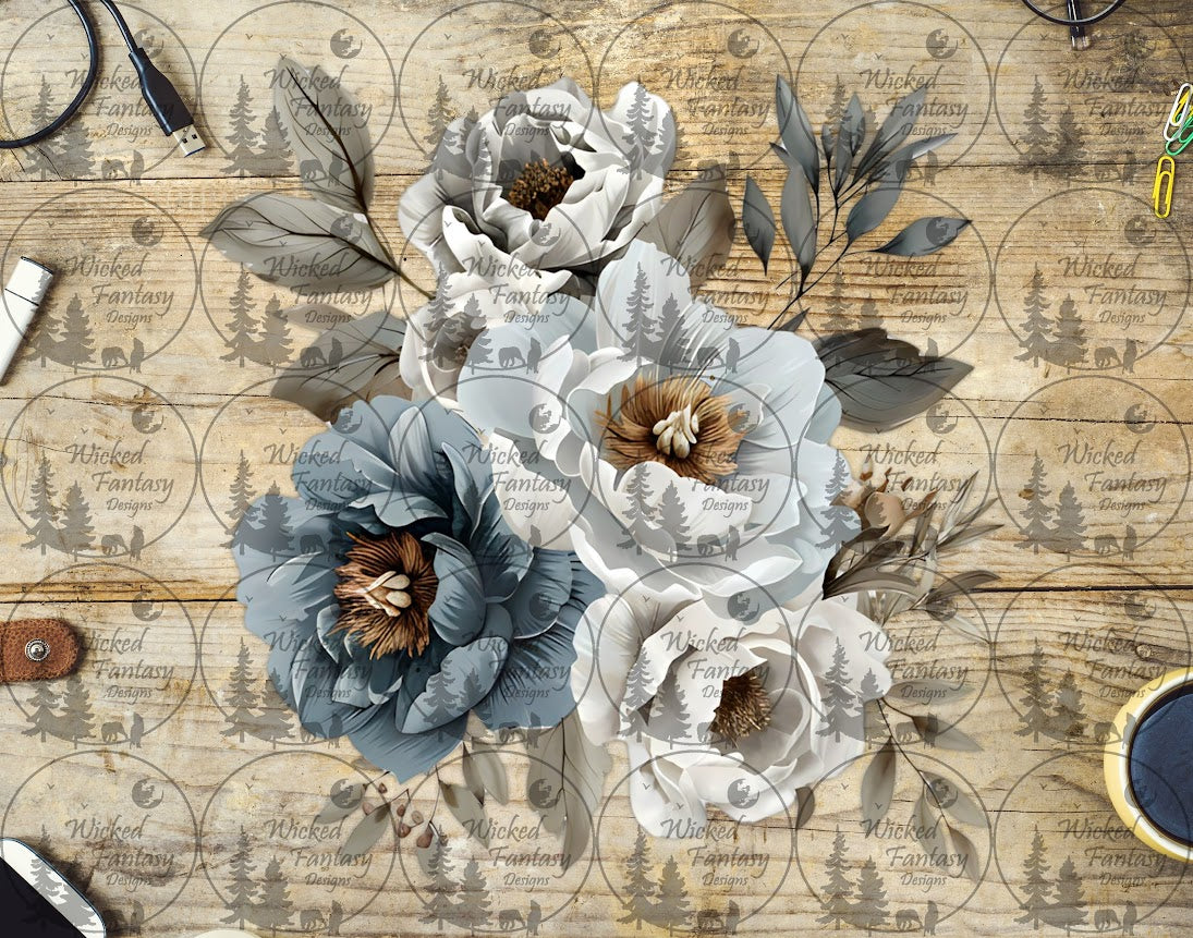 UVDTF Dusty Blue and White Floral Arrangement
