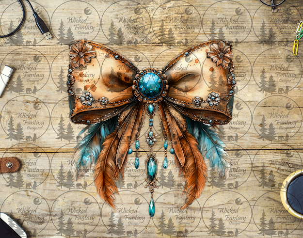 UVDTF Brown Bow with Feathers and Jewels