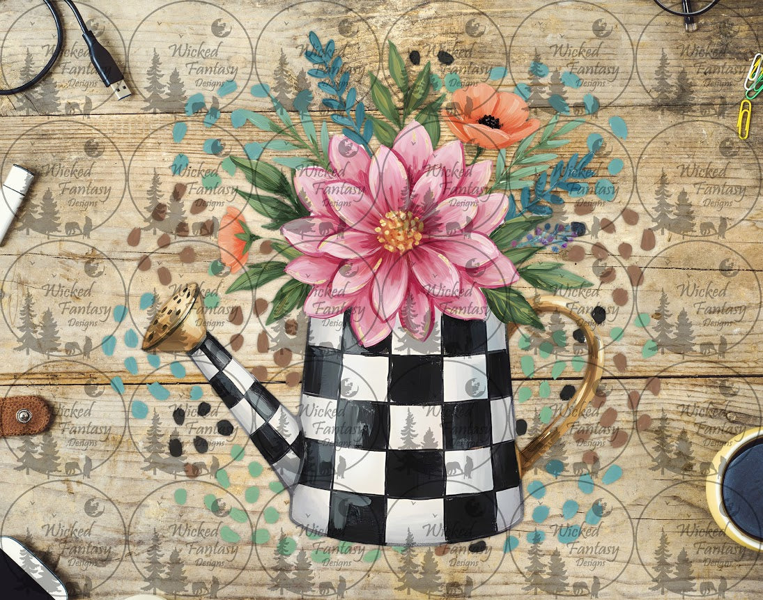 UVDTF Checkered Watering Can with Floral Arrangement