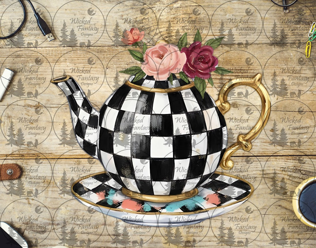 UVDTF Checkered Tea Pot and Saucer