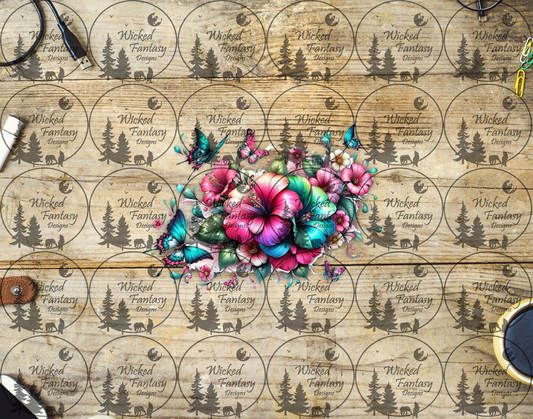 UVDTF Pink Hibiscus and Teal Butterflies