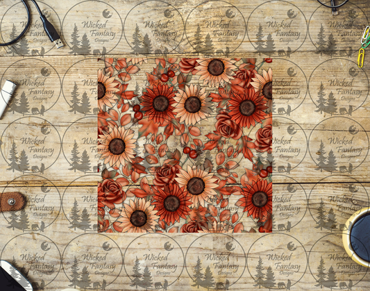 UVDTF Sunflowers Rust Roses and Autumn Leaves  20oz 30oz 10"x10" Element