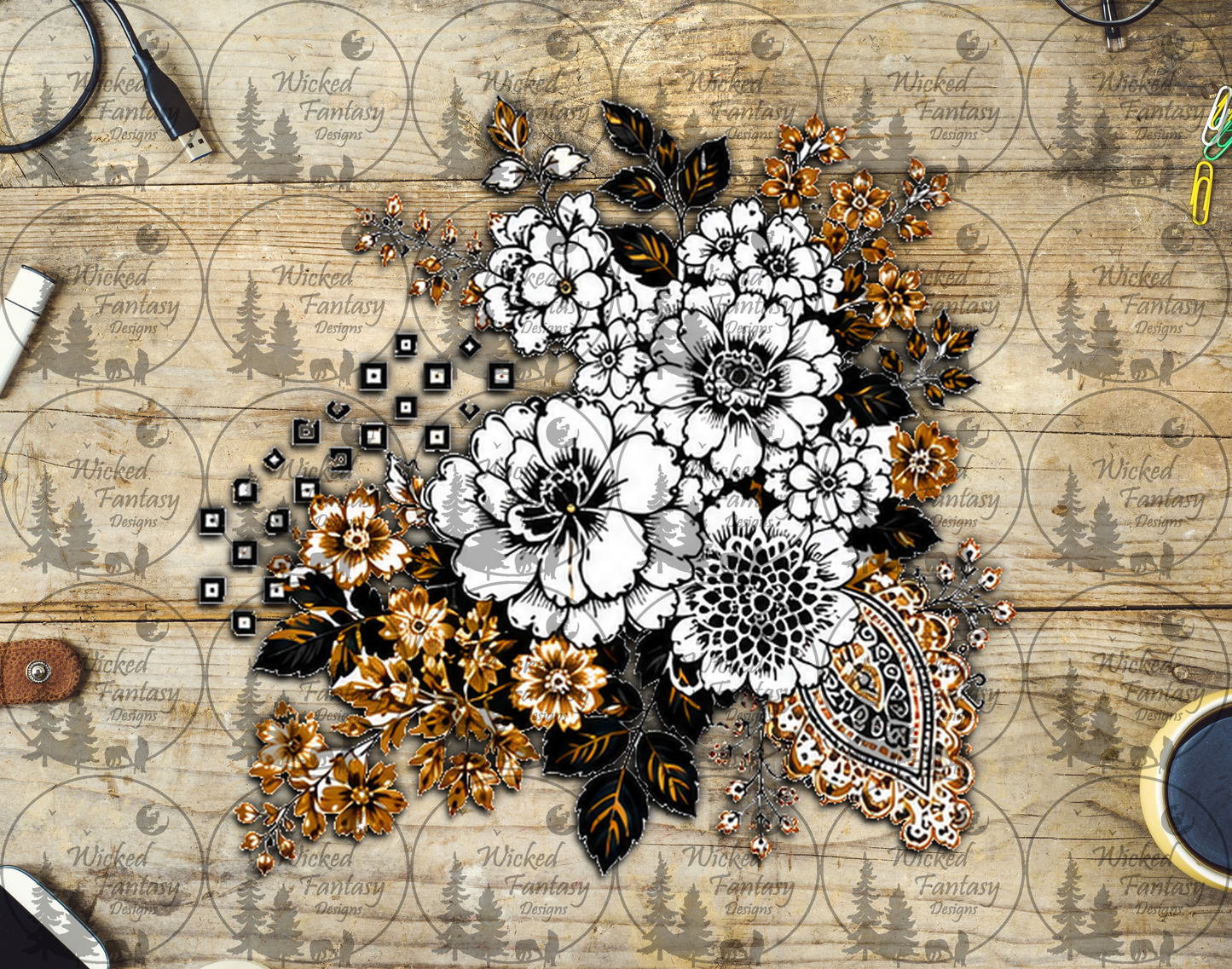 UVDTF Ink and Amber Paisley Floral Arrangement