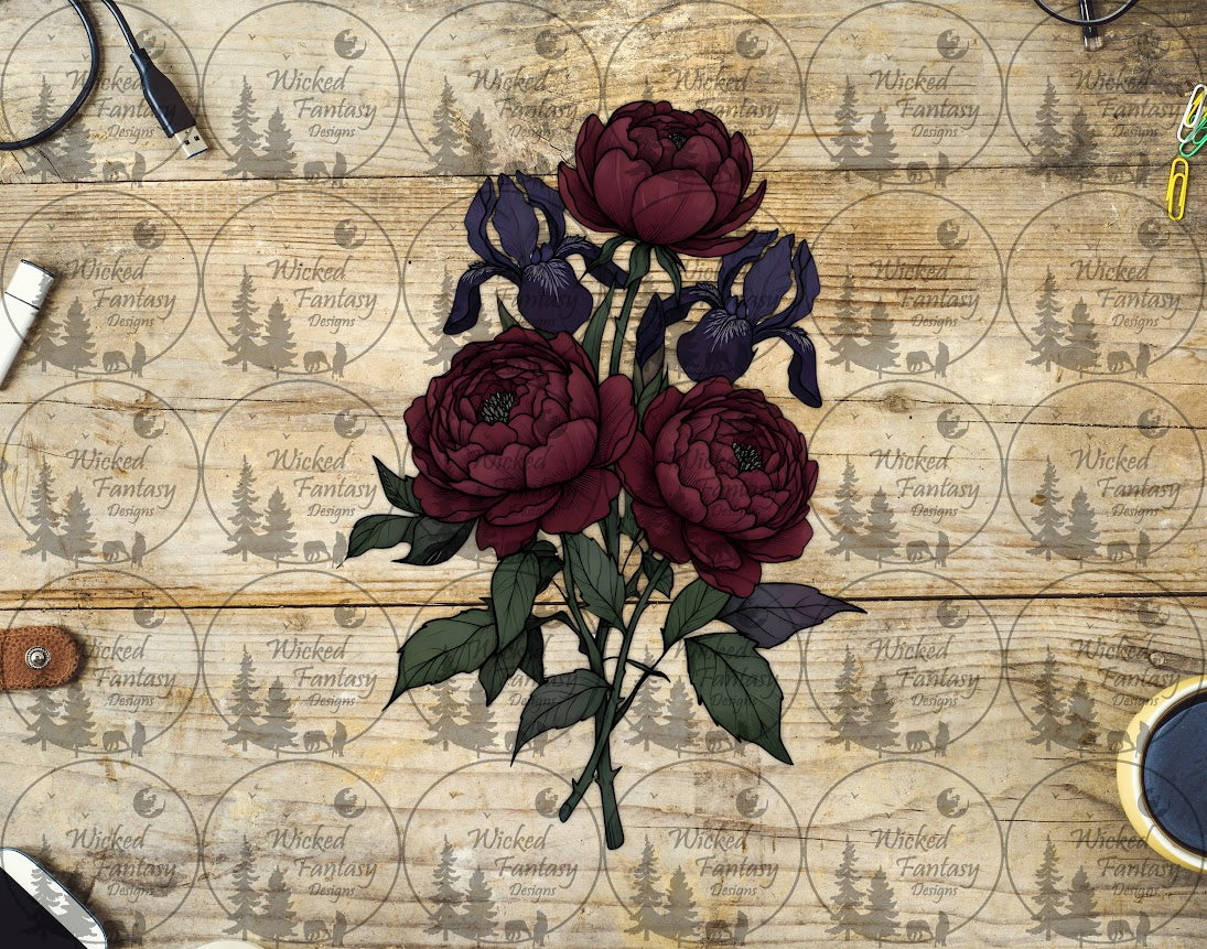 UVDTF Burgundy Iris and Peonies