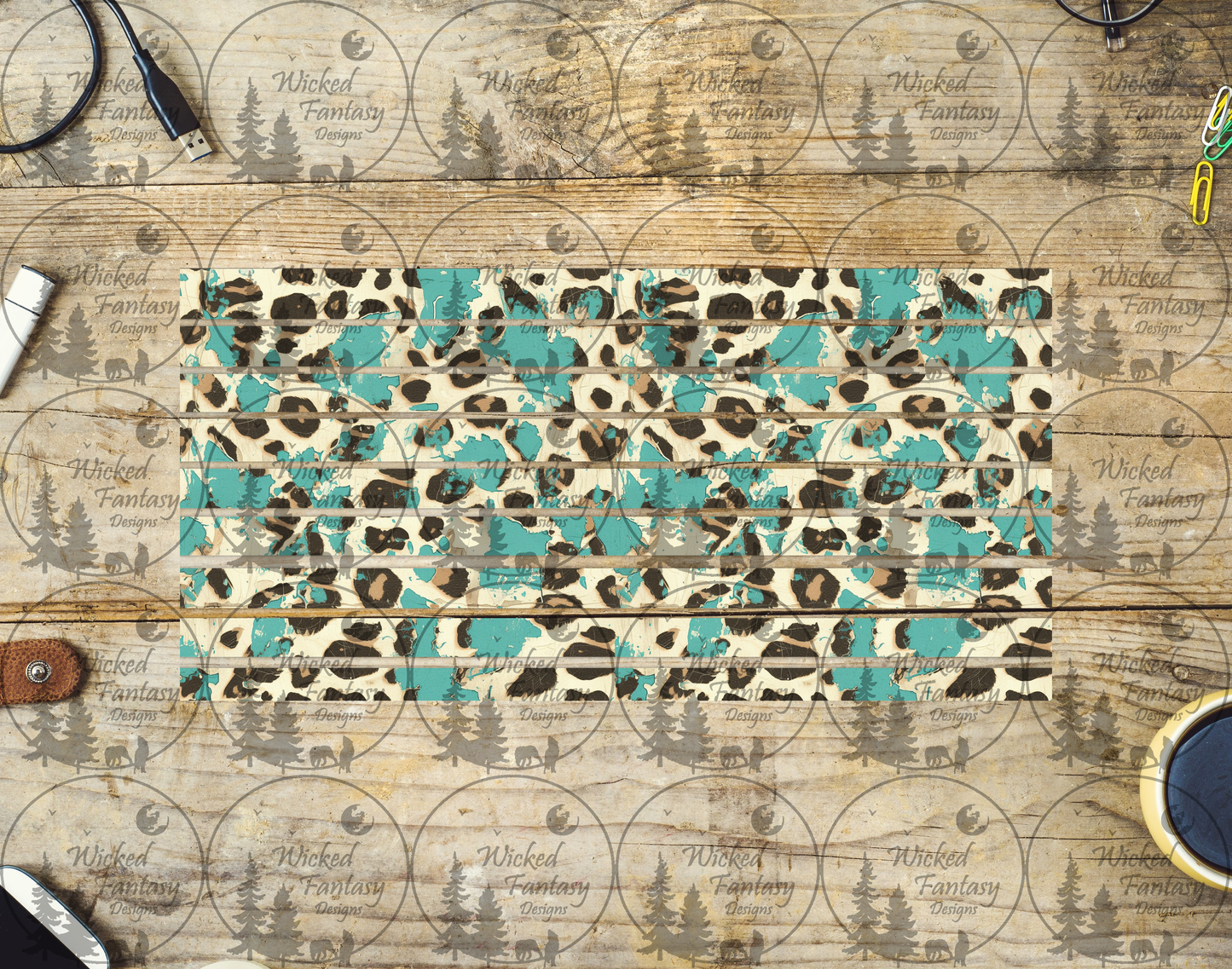 UVDTF Grunge Teal and Leopard Print Striping 6x12" element