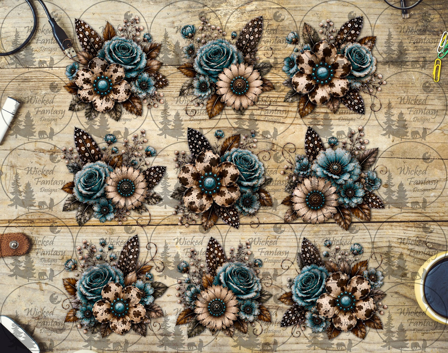 UVDTF Boho Cow Print Floral Element Sheet
