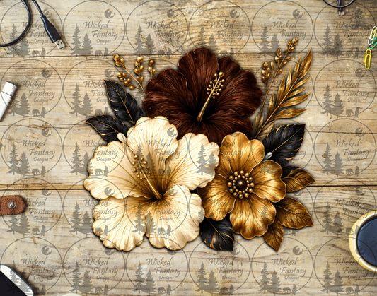 UVDTF Chocolate Ivory and Gold Hibiscus Floral Arrangement