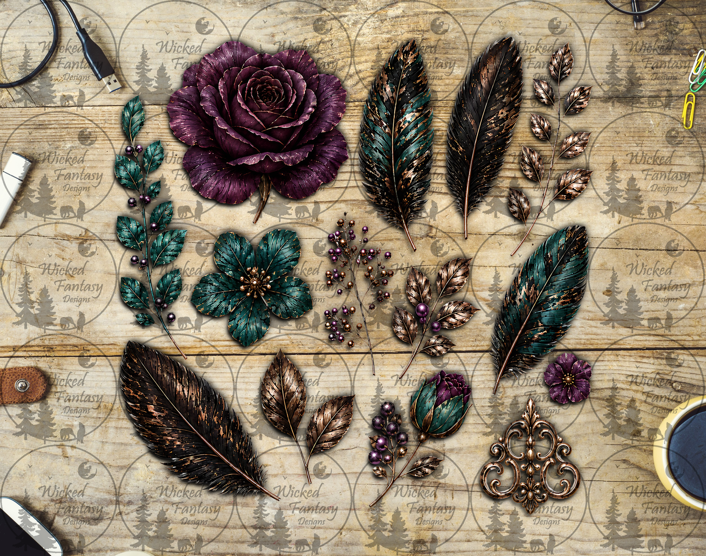 UVDTF Amethyst and Teal Rose and Feathers 11x11" Element Sheet