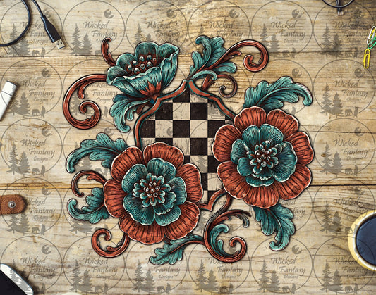 UVDTF Checkered Rust and Teal Western Filagree Florals