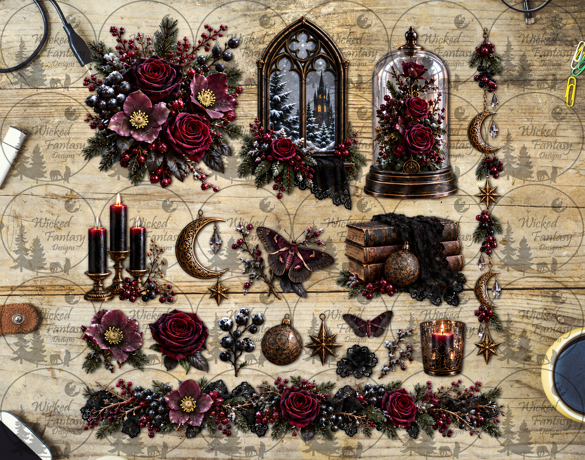 UVDTF Gothic Winter Floral Multimedia Element Sheet