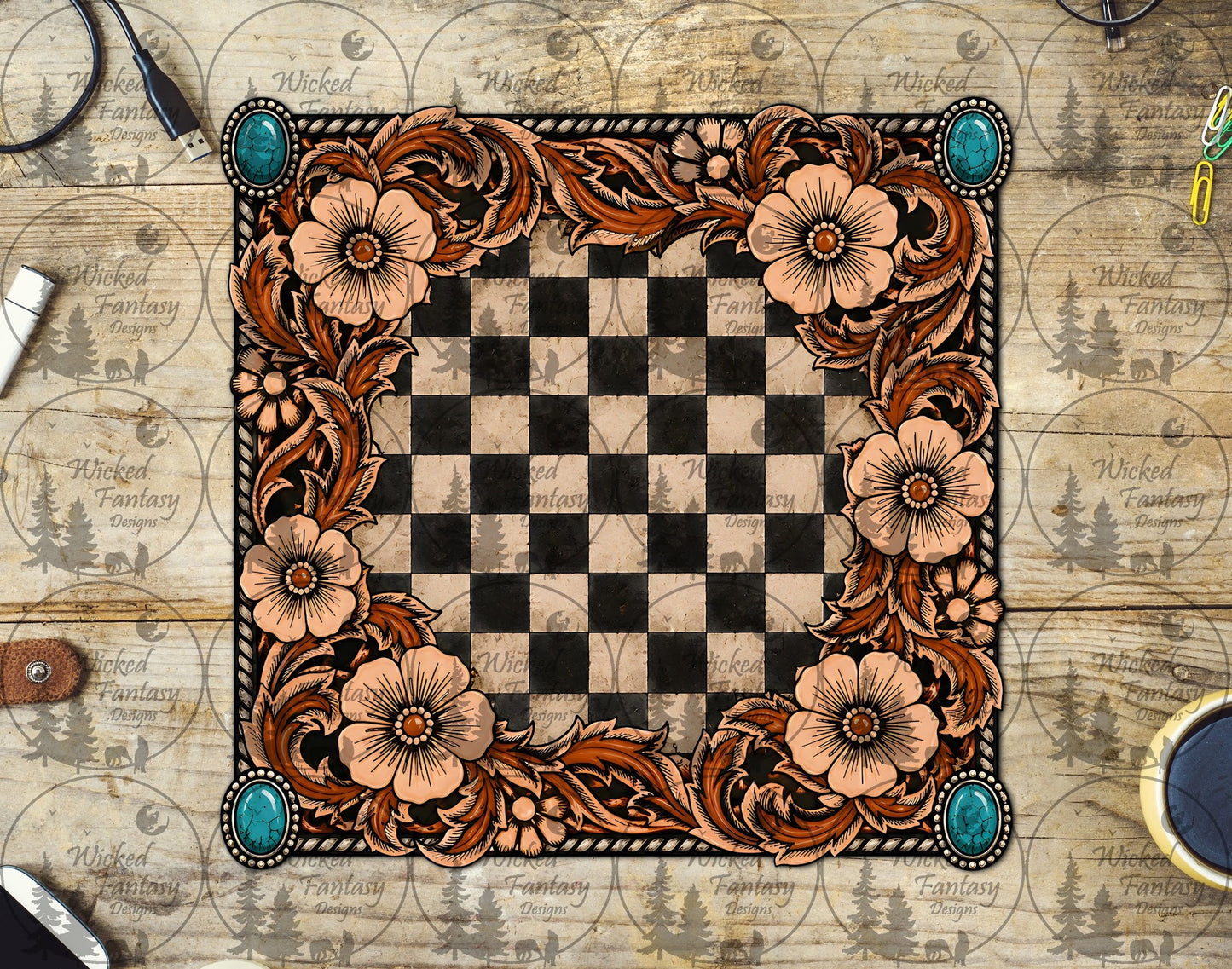 UVDTF Checkered Tooled Leather Floral and Turquoise Patch