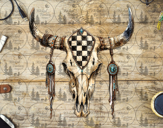 UVDTF Boho Checkered Cow Skull and Conchos