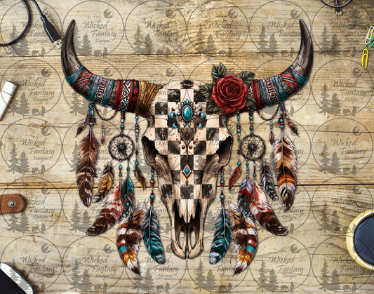 UVDTF Boho Checkered Cow Skull with Feathers and Scarves