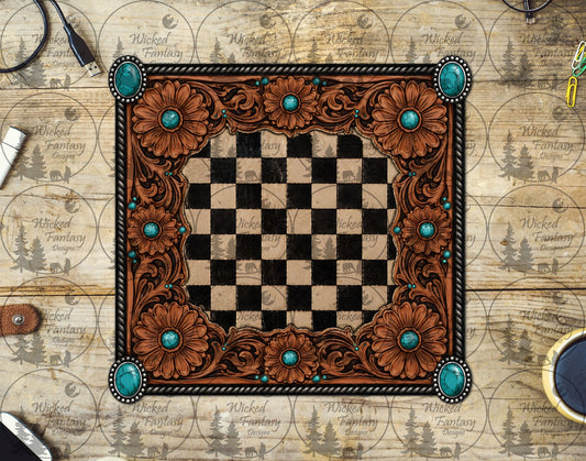 UVDTF Checkered Western Tooled Leather and Turquoise Patch