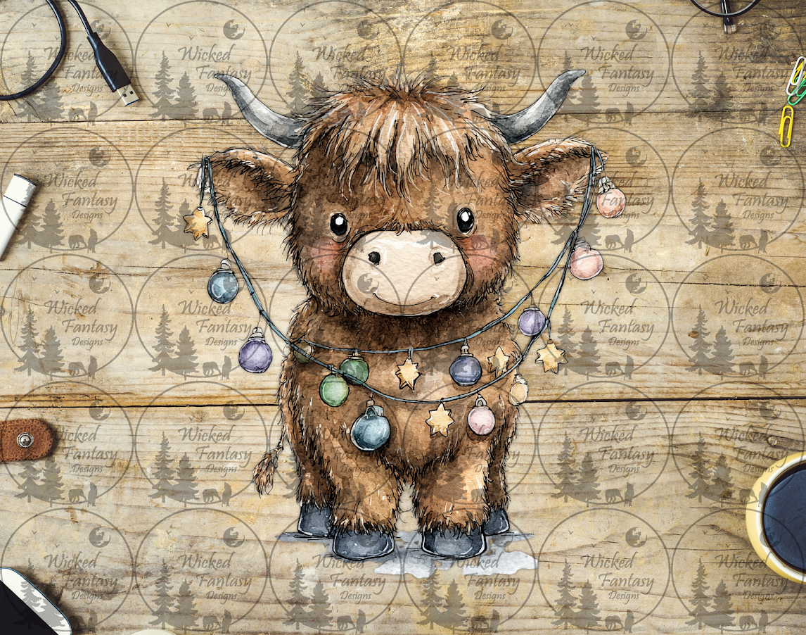 UVDTF Cute Highland Cow with Strand of Lights