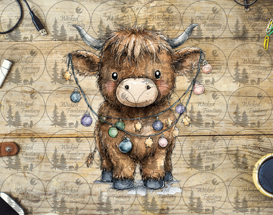 UVDTF Cute Highland Cow with Strand of Lights