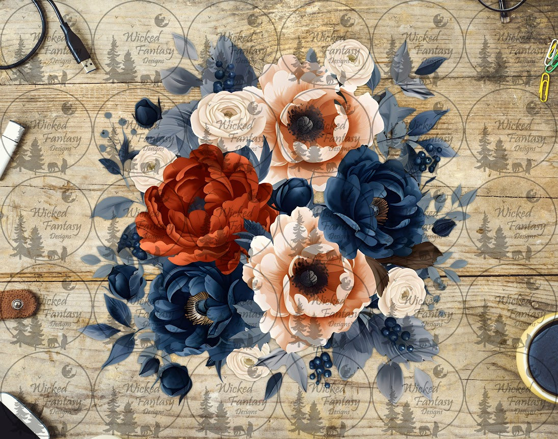 UVDTF Dusty Blue Ivory and Rust Floral