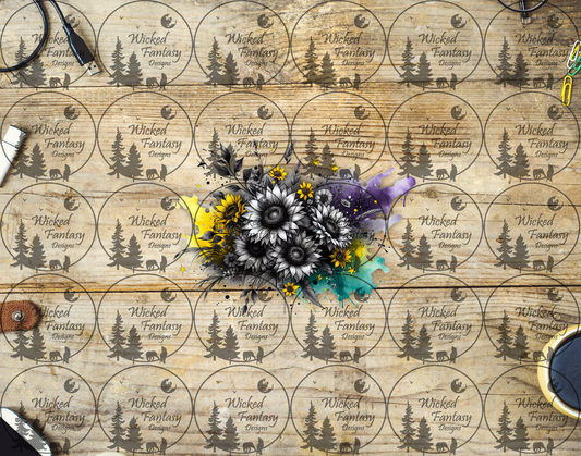 UVDTF Black and White Sunflowers with Bright Colorful Splashes