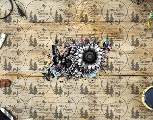 UVDTF Black and White Sunflowers with Pastel Background