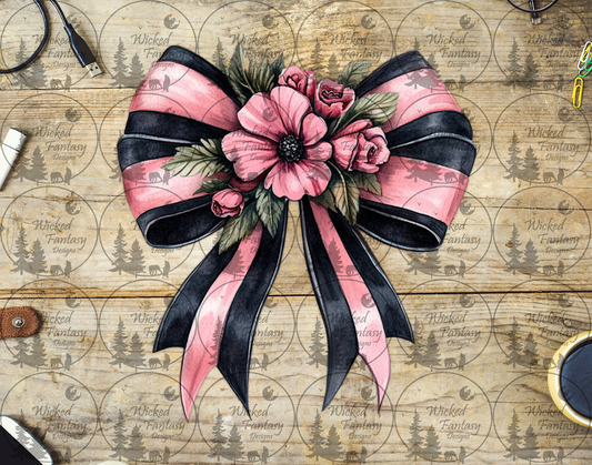 UVDTF Pink and Black Striped Bow with Floral Arrangement