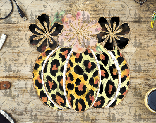 UVDTF Leopard Print Pumpkin with Pale Pink and Black Flowers