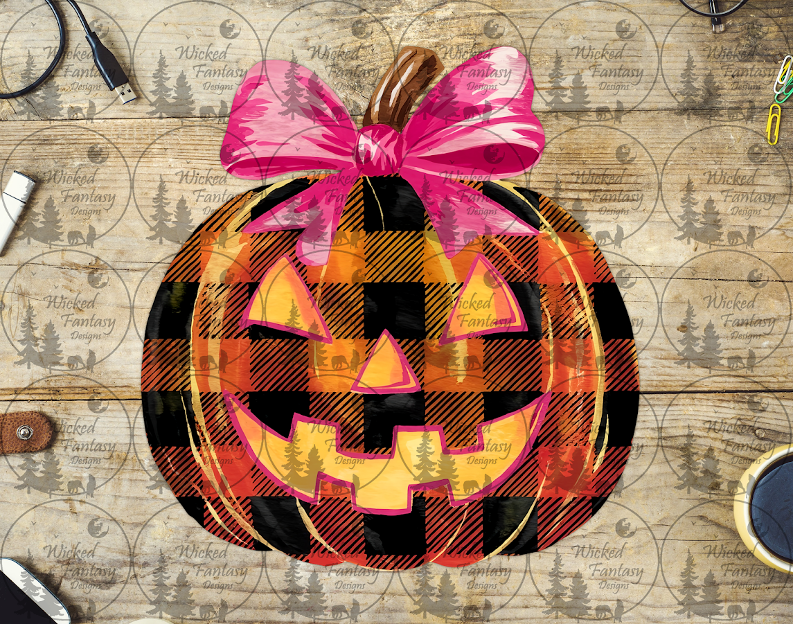 UVDTF Orange and Black Plaid Jack O' Lantern with Bow
