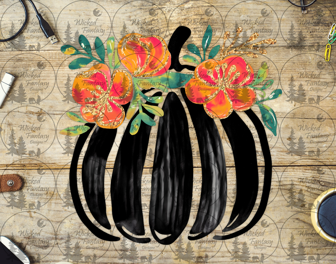 UVDTF Black Pumpkin with Coral Flowers