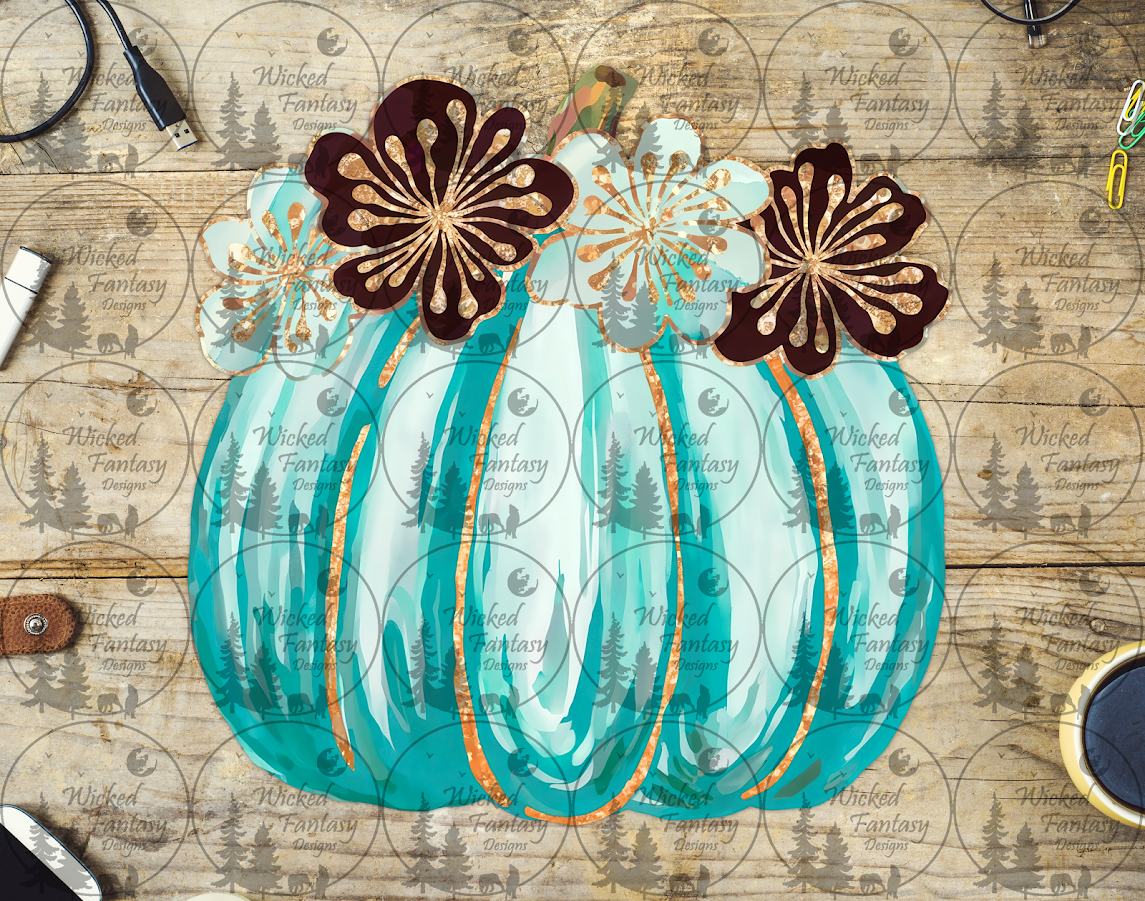UVDTF Aqua and Teal Pumpkin with Flowers