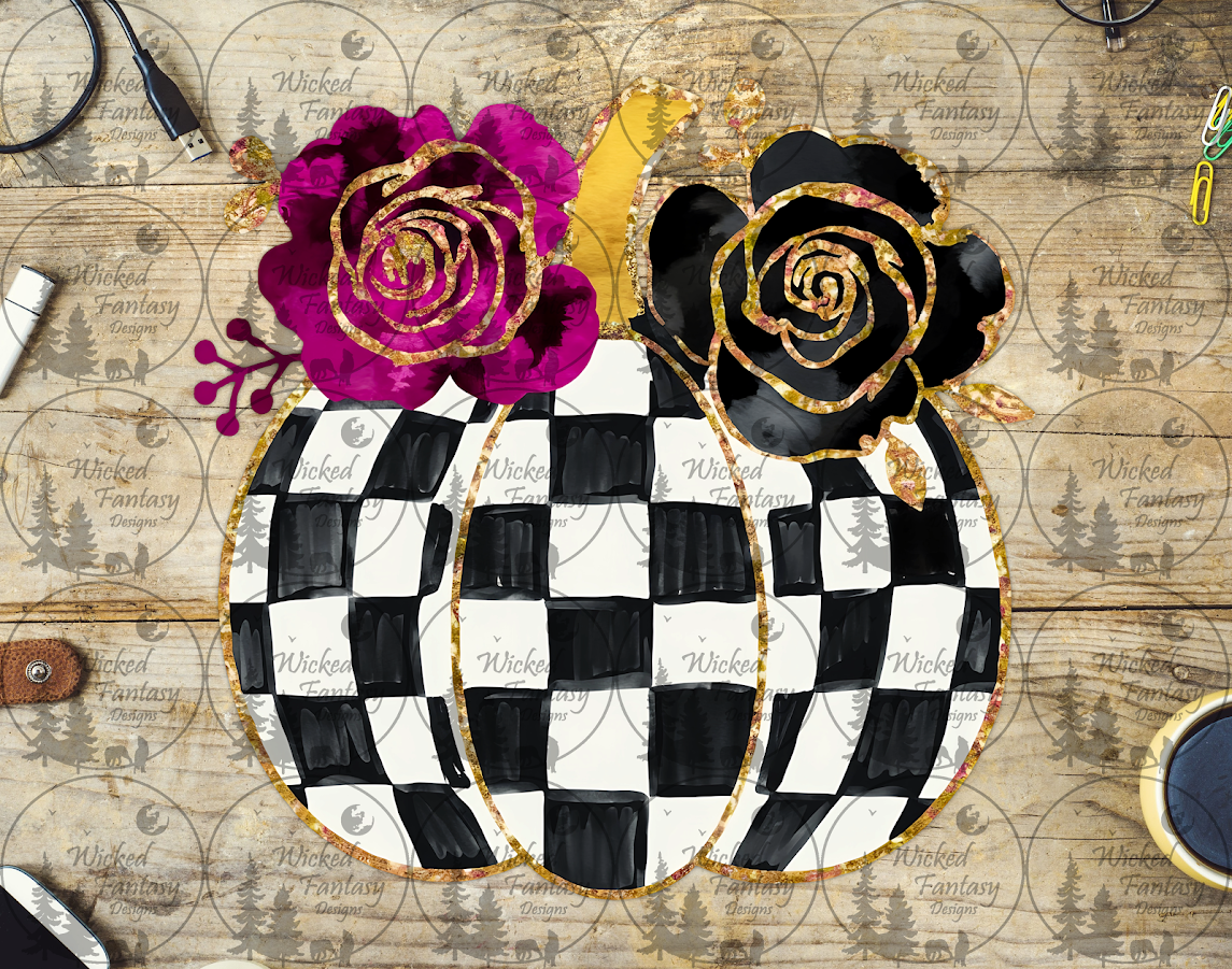 UVDTF Checkered Pumpkin with Flowers