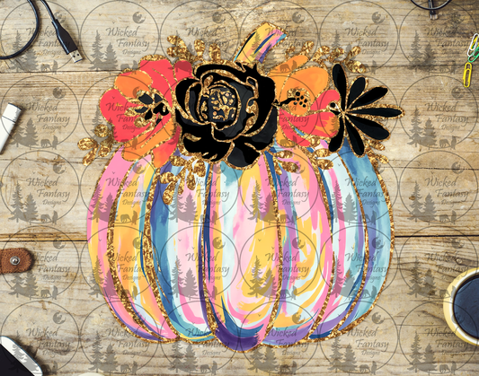 UVDTF Pumpkin with Black and Coral Flowers