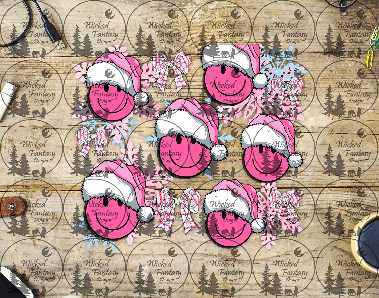 UVDTF Pink Santa Hats Bows and Snowflakes 20oz 30oz 10"x10" Element