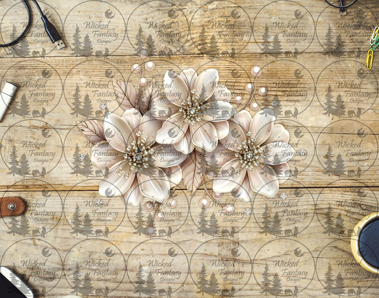 UVDTF Pearls and Rhinestone Ivory Flower Trio