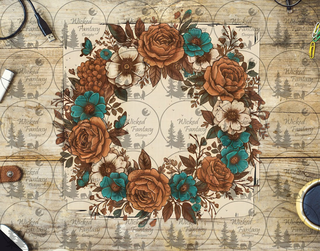 UVDTF Cream Rust and Teal Wreath with Distressed Background
