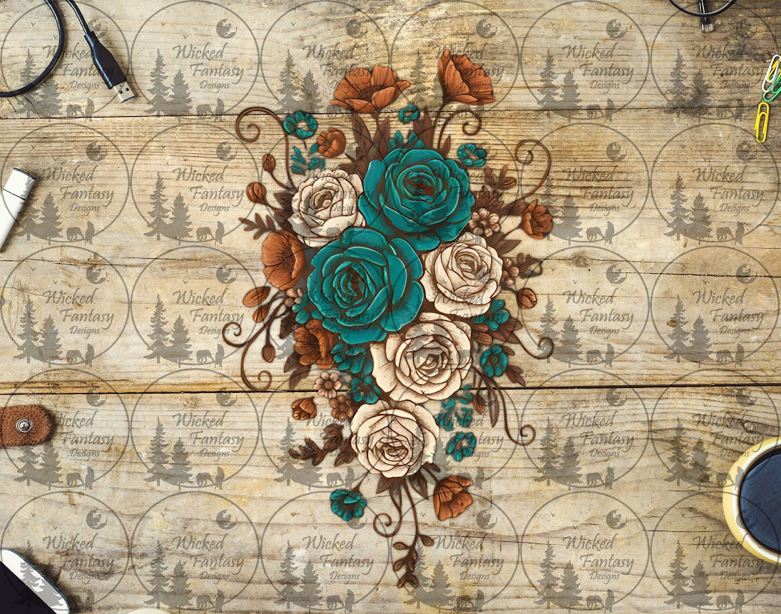 UVDTF Cream Rust and Teal Roses
