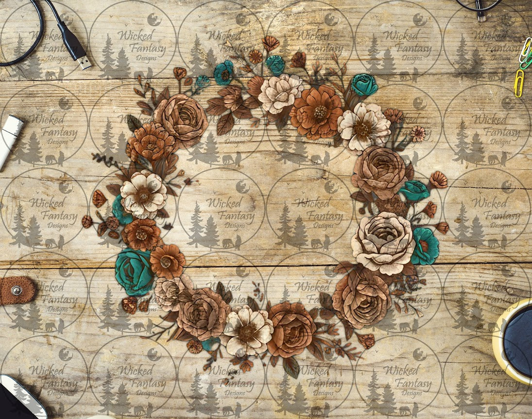 UVDTF Cream Rust Taupe and Teal Floral Wreath