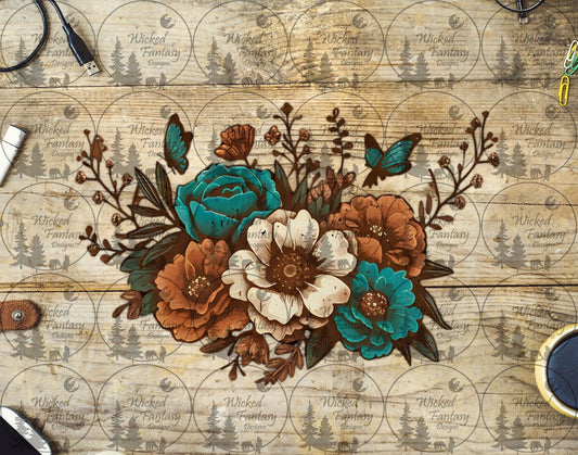 UVDTF Cream Rust and Teal Floral with Butterflies