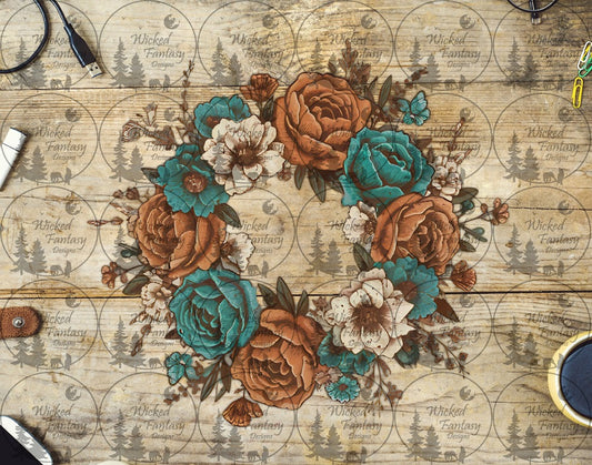 UVDTF Cream Rust and Teal Floral Wreath