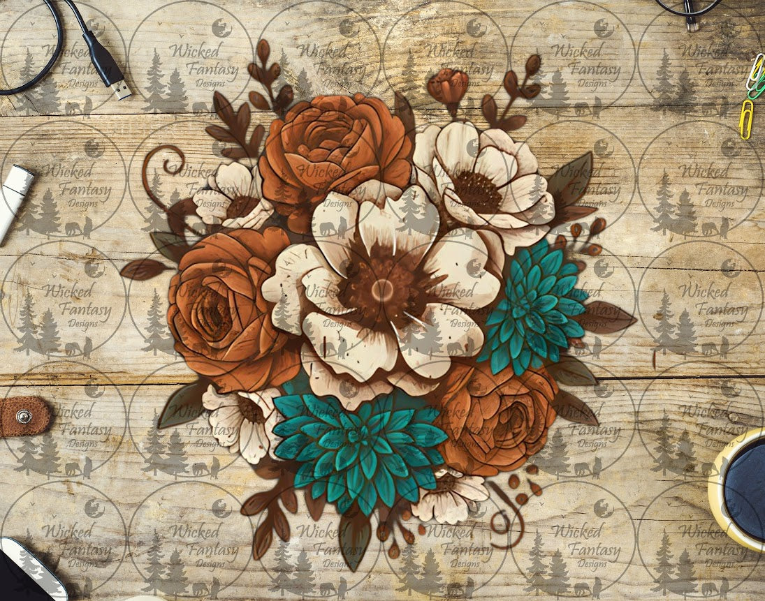 UVDTF Cream Rust and Teal Floral Arrangement