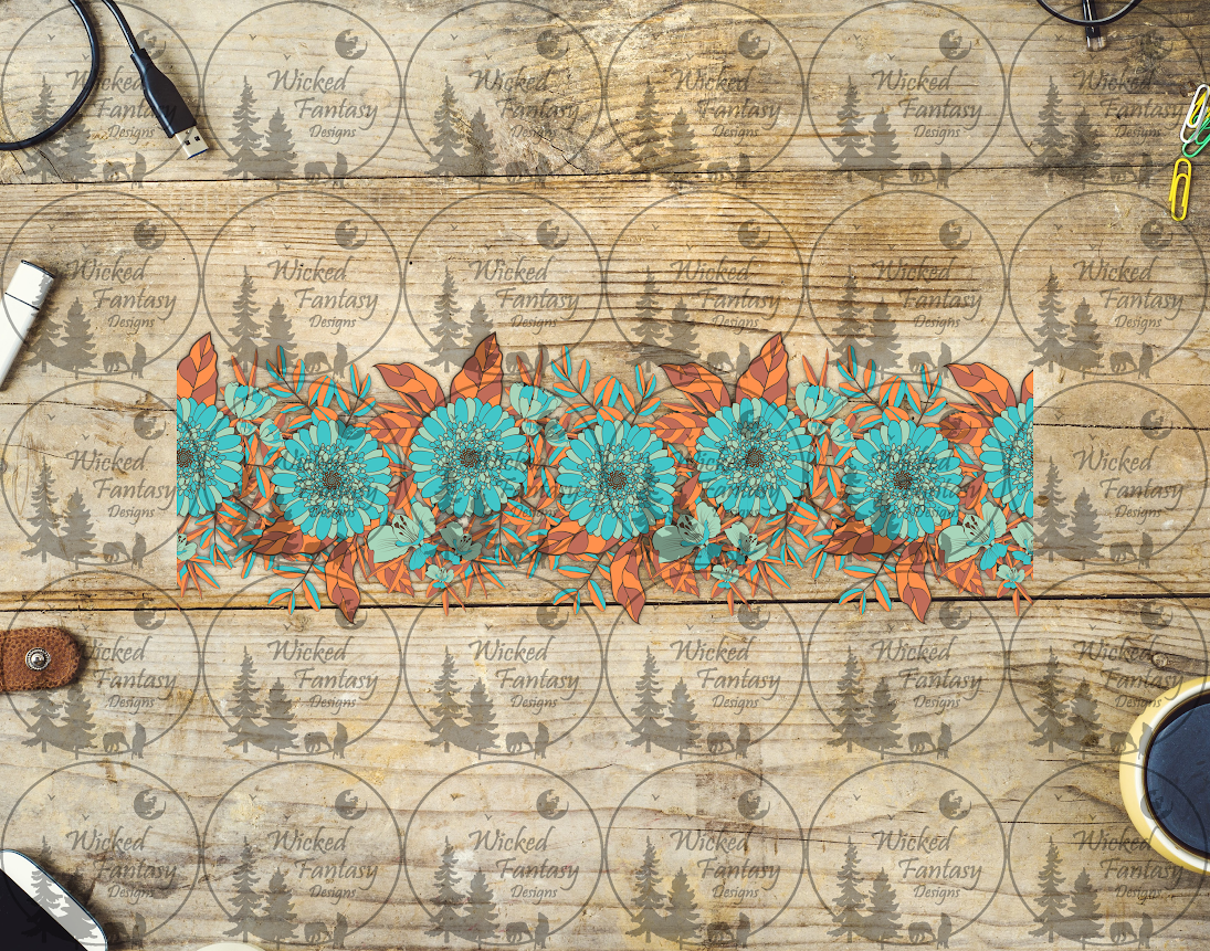 UVDTF Aqua and Orange Floral Border Element 11"