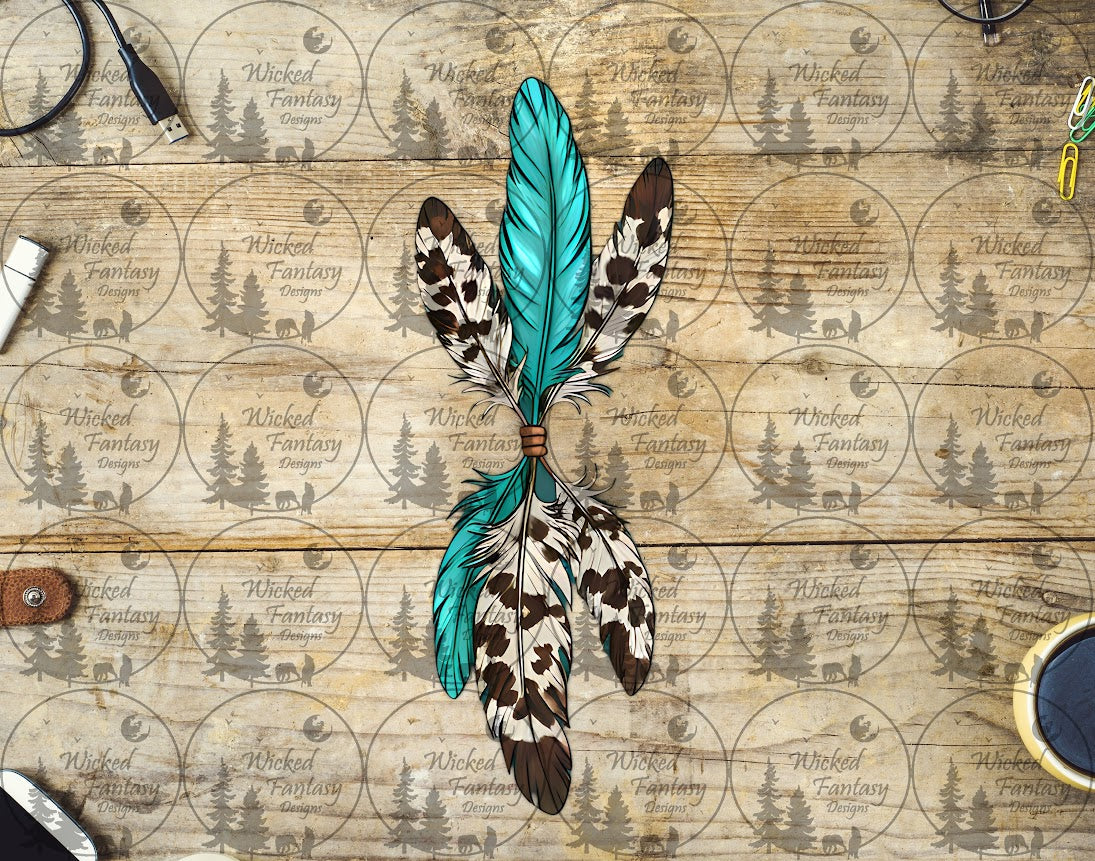 UVDTF Cow Print and Aqua Tied Feather Vertical Element