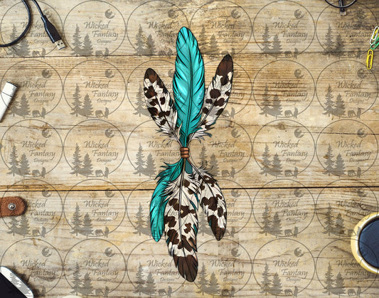 UVDTF Cow Print and Aqua Tied Feather Vertical Element