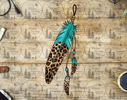 UVDTF Turquoise Leopard Print Feathers and Beads