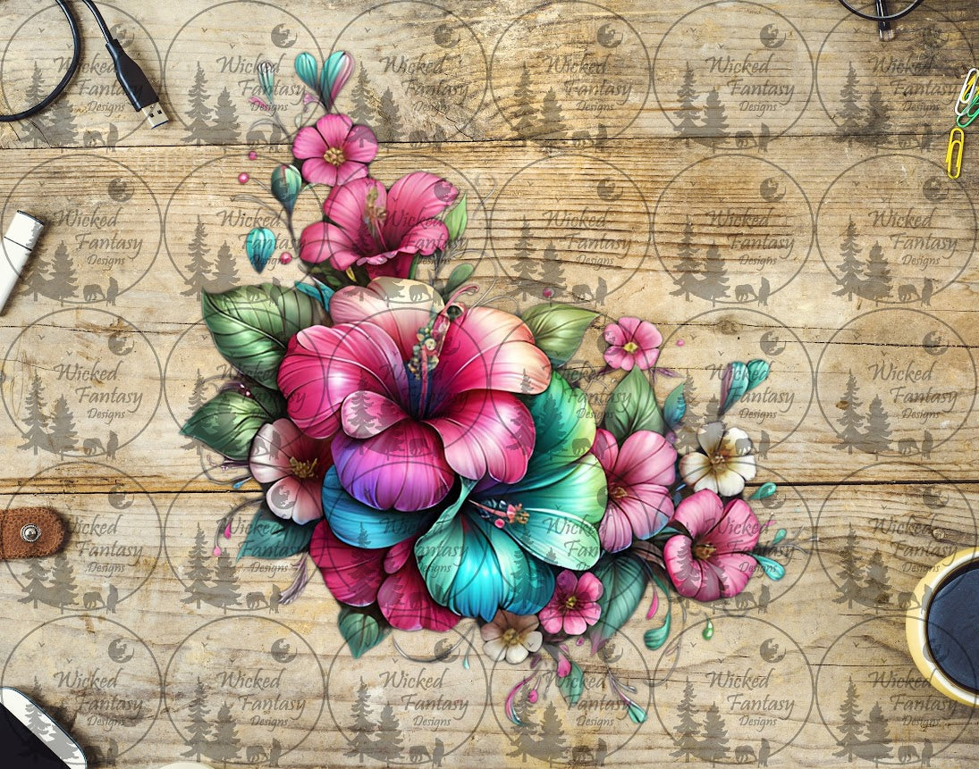UVDTF Pink Teal Hibiscus Spray