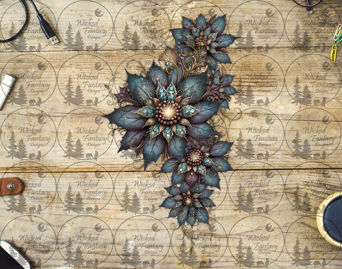 UVDTF Teal Jeweled Floral Vertical Element